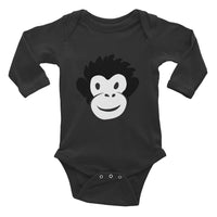 long sleeve black onesie with black and white Monkety Monk cartoon monkey face