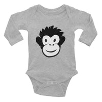 long sleeve heather gray baby onesie with black and white Monkety Monk cartoon monkey face