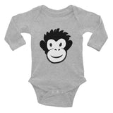 long sleeve heather gray baby onesie with black and white Monkety Monk cartoon monkey face
