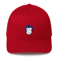 red baseball cap with black and white Monkety Monk image embroidered in center front