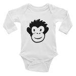 long sleeve white baby onesie with black and white Monkety Monk cartoon monkey face