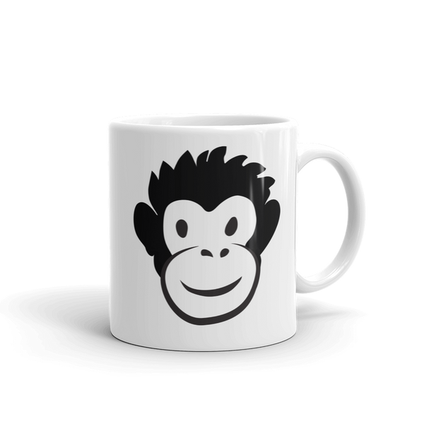 white mug with black and white Monkey Monk face on sides