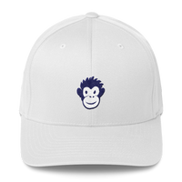 white baseball cap with black and white Monkety Monk image embroidered in center front
