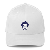 white baseball cap with black and white Monkety Monk image embroidered in center front